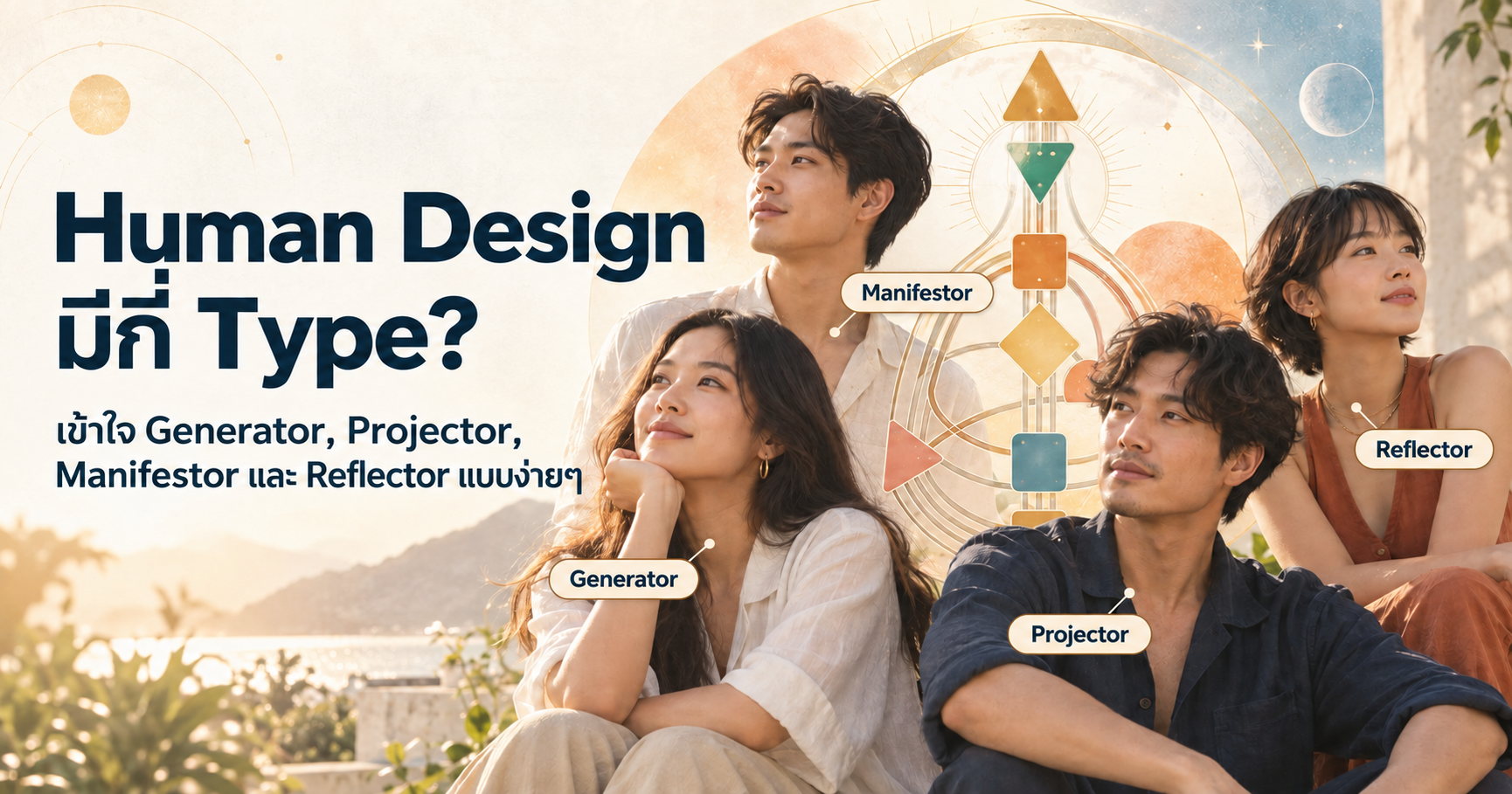 Human Design มีกี่ Type ภาพแสดง 4 Types ได้แก่ Generator, Projector, Manifestor และ Reflector พร้อมแผนผัง Human Design BodyGraph