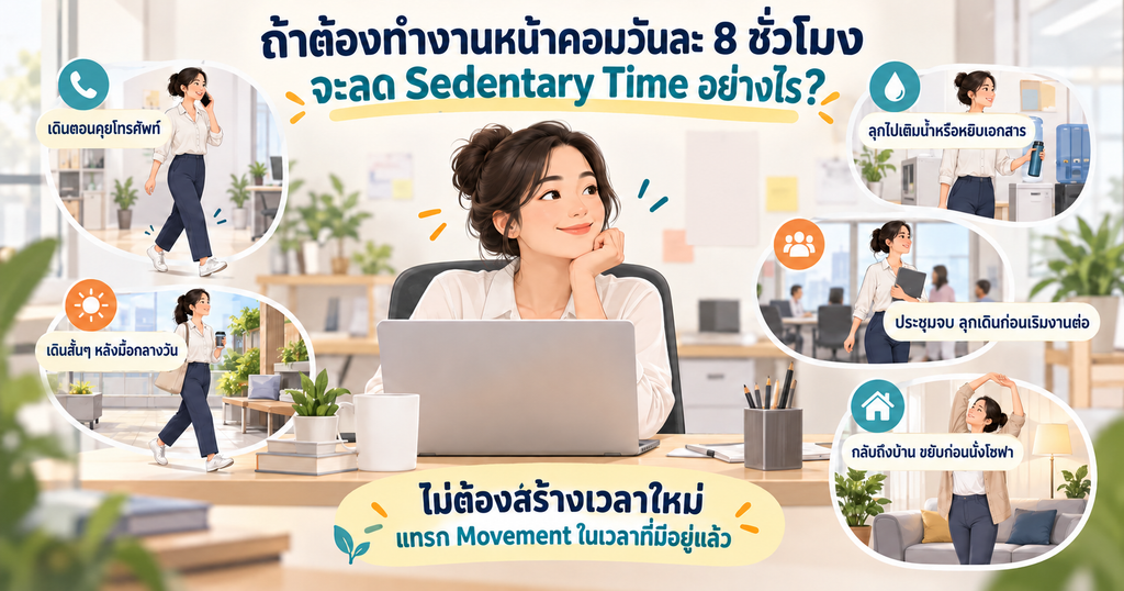 วิธีลด Sedentary Time สำหรับคนทำงานหน้าคอมวันละ 8 ชั่วโมง ด้วยการเดินคุยโทรศัพท์ เดินหลังมื้อกลางวัน ลุกเติมน้ำ เดินหลังประชุม และขยับร่างกายระหว่างวัน